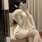 BXOXO Autumn Winter Elegant Women Sweater Christmas Red Slim Fur Patchwork Hooded Knitted Dress Female Korean Knitwear Hoodie Tops